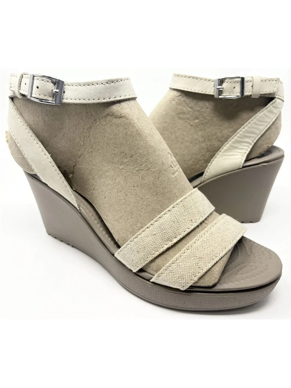 Crocs Leigh Women's Beige Wedge Sandals with Ankle Strap